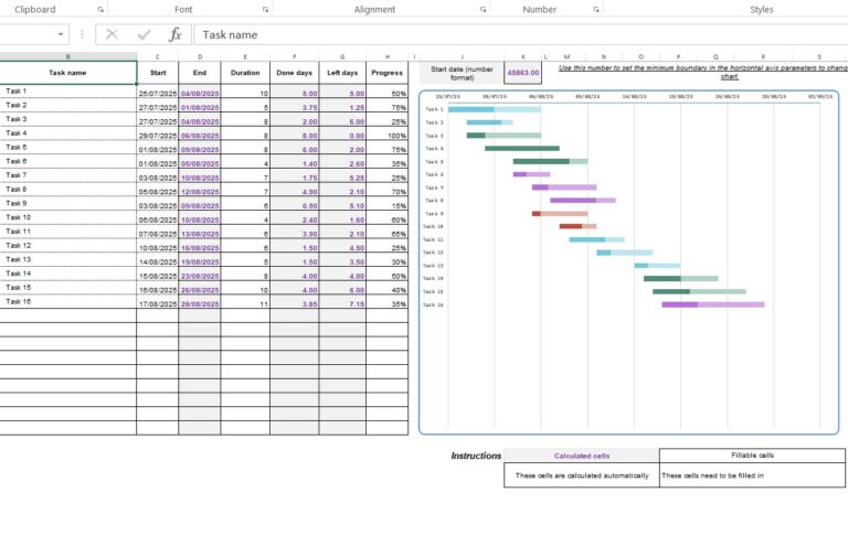 Excel Gantt Chart with dynamic calendar screenshot
